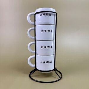 Stacking Espresso Cup Set with Stand | Modern White Ceramic Mugs